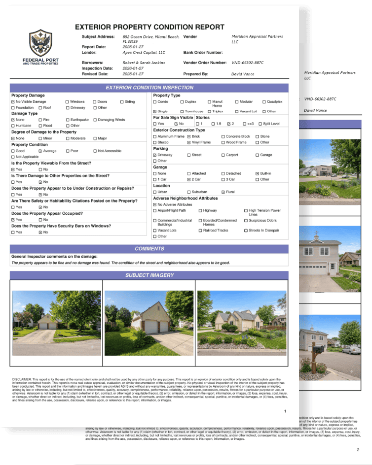 Asteroom Exterior Property Condition Report for mortgage servicing drive-by inspections