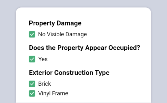 Structured condition metrics checklist with standardized data points